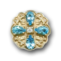 N610 14K PEAR SHAPE BLUE TOPAZ AND DIAMOND SLIDE WITH FLEUR DE LIS DETAIL 